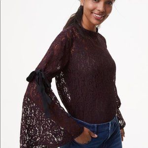 LOFT | Plum/Merlot Lace Bell Tie-Sleeve To…